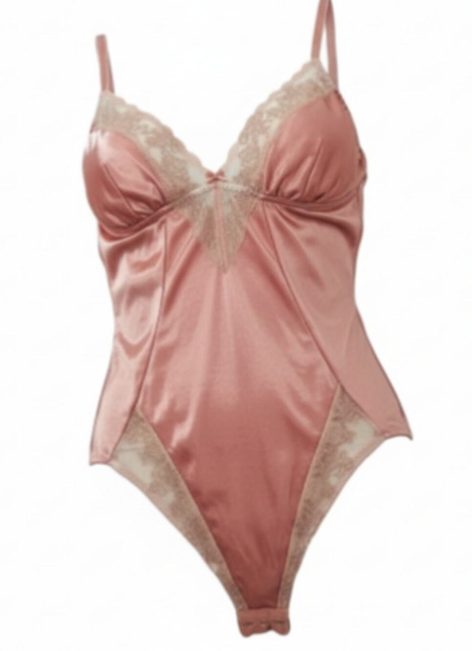 Vintage Sear Shiny Pink Satin Teddy Bodysuit Peek a Boo V Neck Womens Size 32